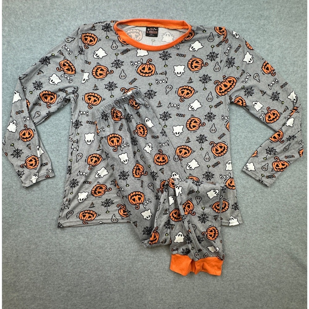 PJ's & Presents Halloween Pajama Set Gray Pumpkin Ghost Spiderweb Large
